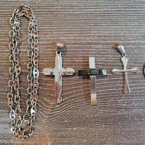 4 Piece Stainless Steel Cross Pendant and Chain Set